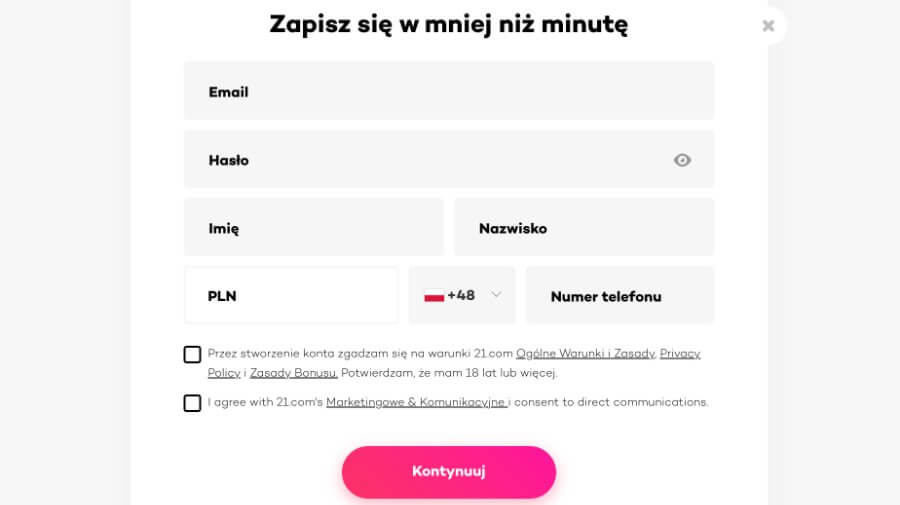 Rejestracja w kasynie 21.com