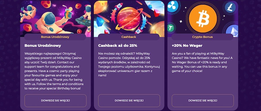 Przykładowe bonusy w kasynie MilkyWay.