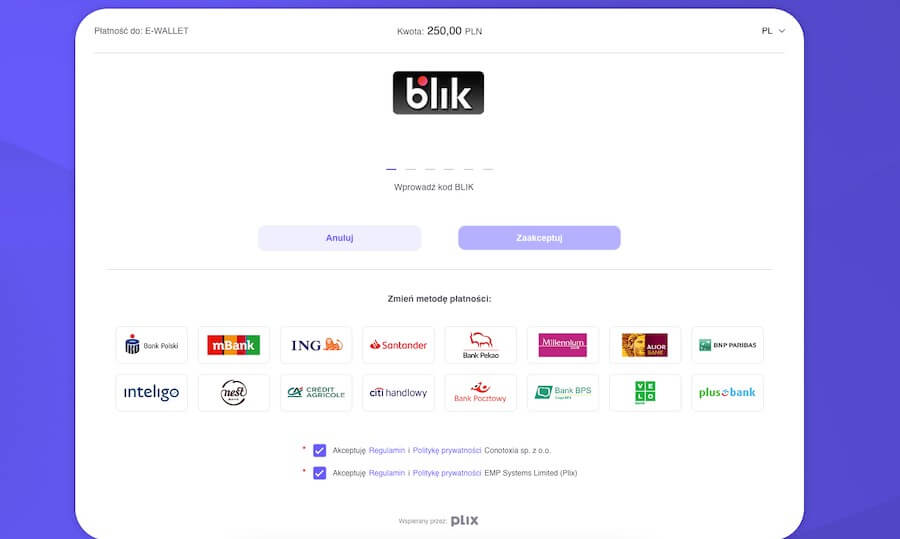 Wpisywanie kodu blik poprzez ARI10 w Energy Casino.