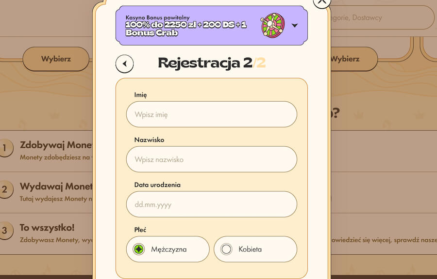 Okno rejestracji w VinylCasino.