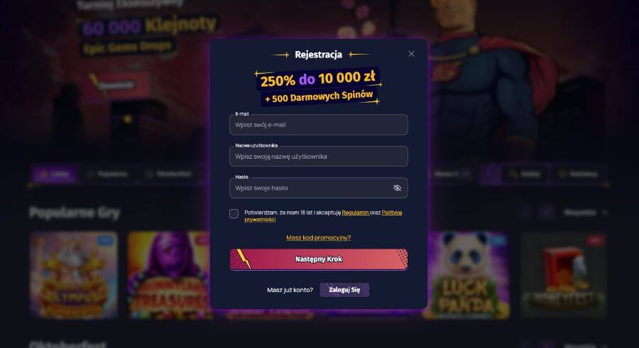 rejestracja konta w kasynie spinlander