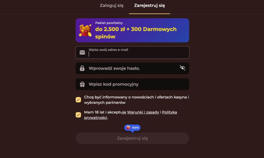 rejestracja konta w kasynie Vinci Spin